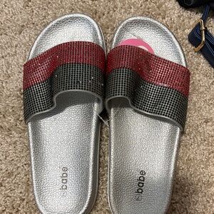 Babe Silver Slide Sandals with Red & Black Crystal Strap
